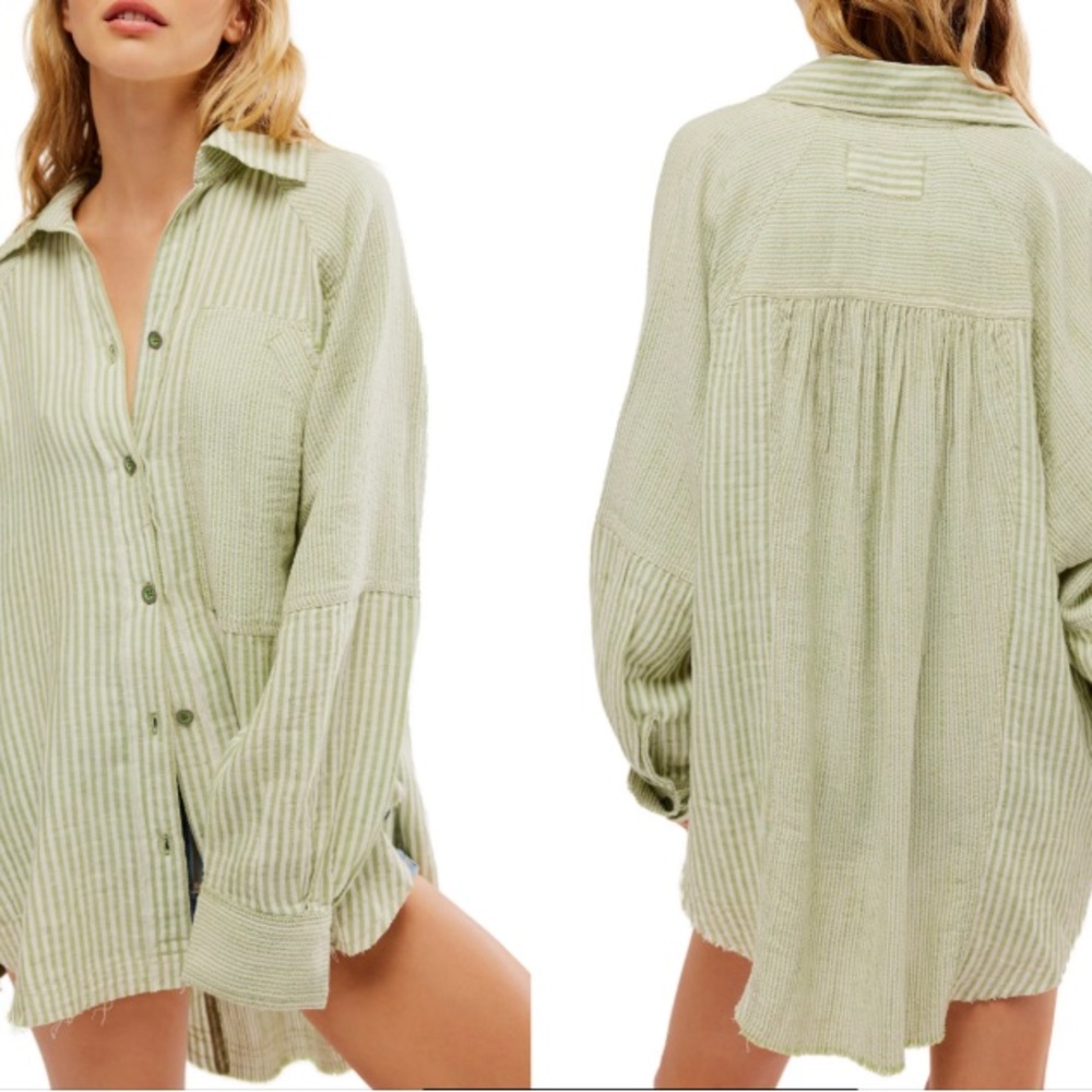 Free People Green Striped Button-Up Shirt